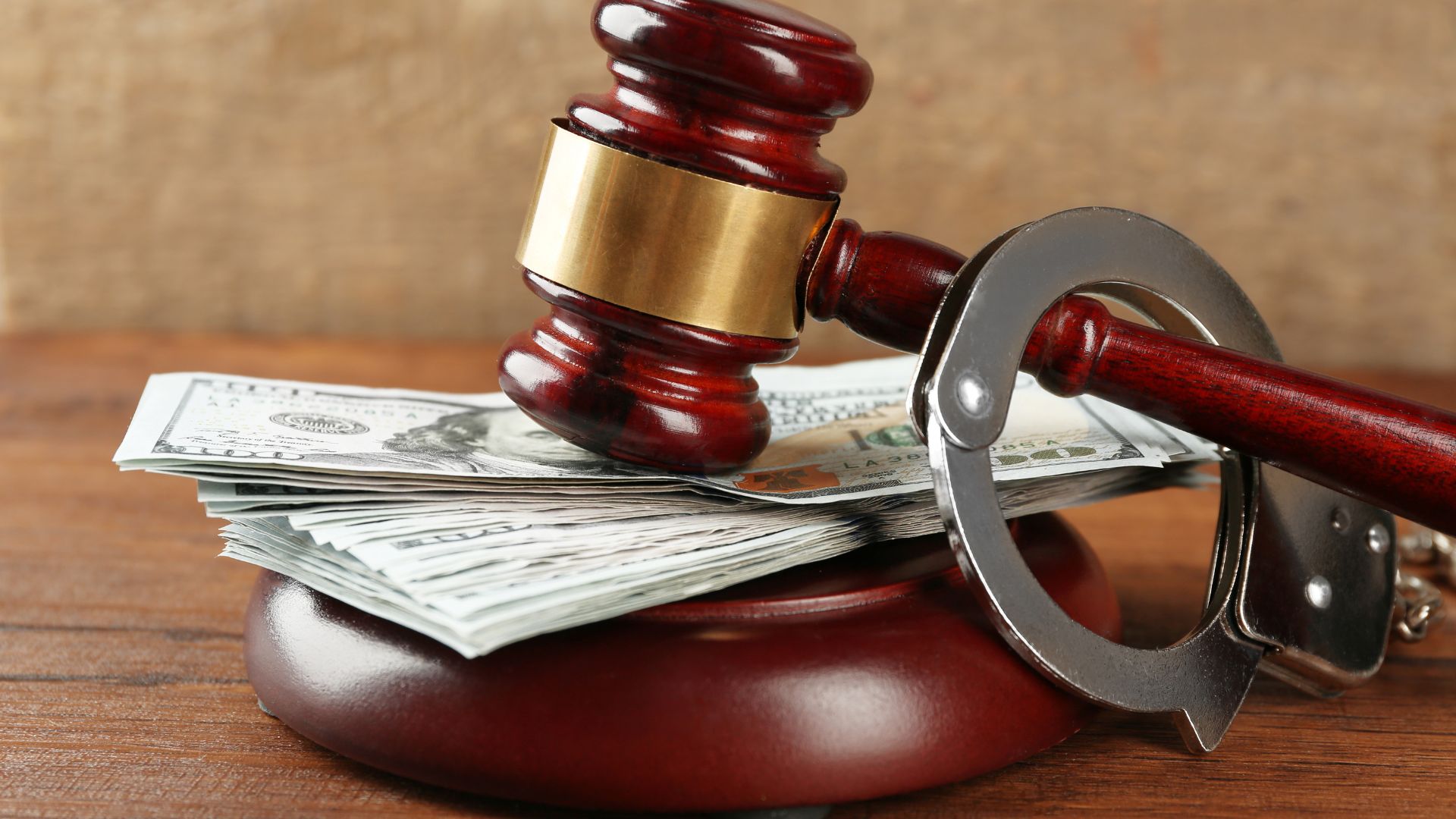 gavel, cash, and handcuffs