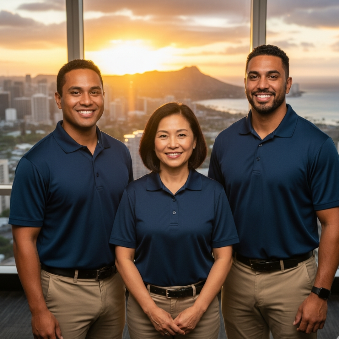 Three employees standing side by side
