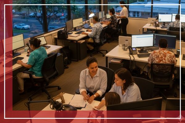 A professional office environment showing a team of agents coordinating and working diligently on multiple cases and bond releases.