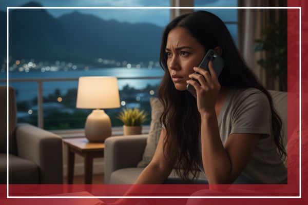 A bonds agent taking an important phone call late in the day or night, representing 24/7 availability for clients in crisis.