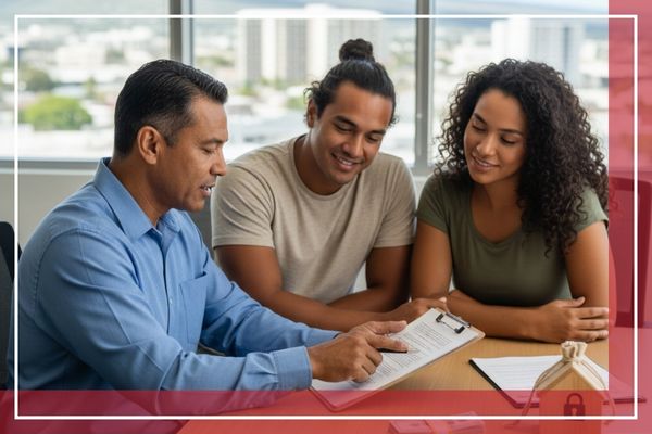 Three individuals (agent and clients) focused on reviewing financial documents and legal forms related to a bail bond.
