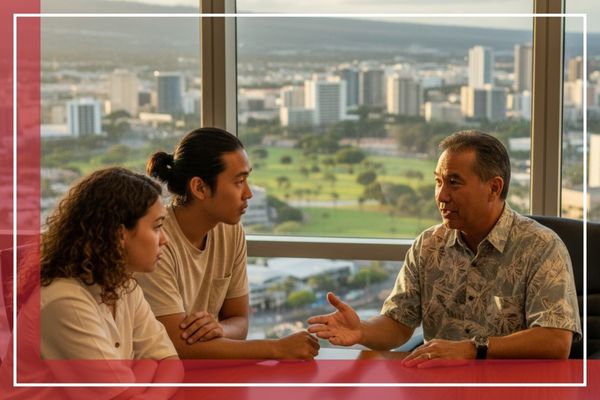 A group of family members or involved parties consulting with an agent in a comfortable office setting regarding a loved one's case.