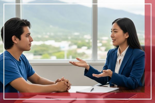 Two professionals (a bonds agent and a client) in an office setting, discussing legal options or completing necessary paperwork.