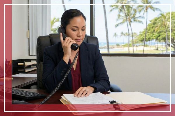 Female bail bond agent answering a phone call at a desk to provide immediate legal assistance.