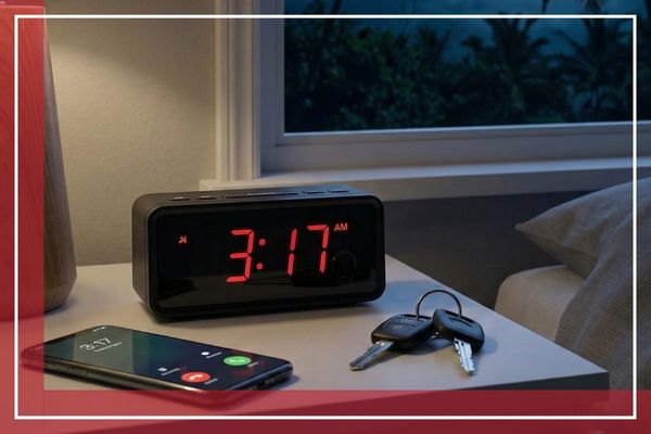 Nightstand with a digital clock showing 3:17 AM next to car keys and a smartphone, representing late-night emergency service.