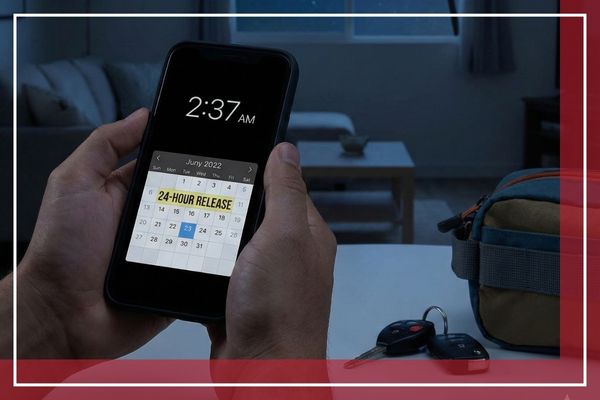 Hand holding a smartphone displaying a 24-hour emergency bail service calendar and a clock at 2:37 AM.