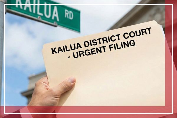 Close-up of a legal folder labeled "Kailua District Court - Urgent Filing" held near a street sign.