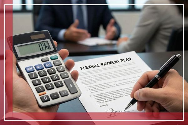 Close-up of a person signing a "Flexible Payment Plan" document next to a calculator, emphasizing affordable bail options.