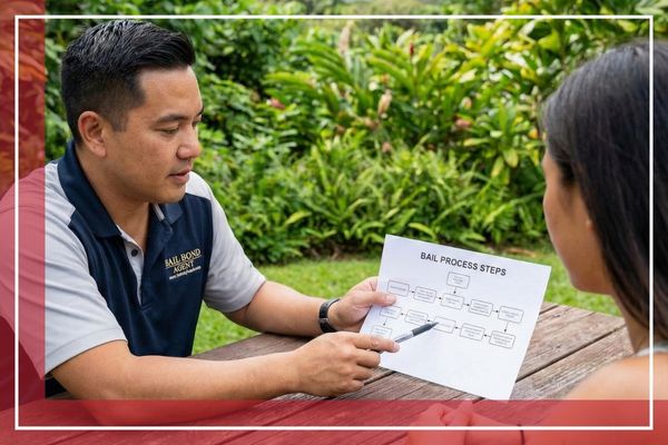 Bail bond agent sitting at an outdoor table explaining legal paperwork to a client in a garden setting.