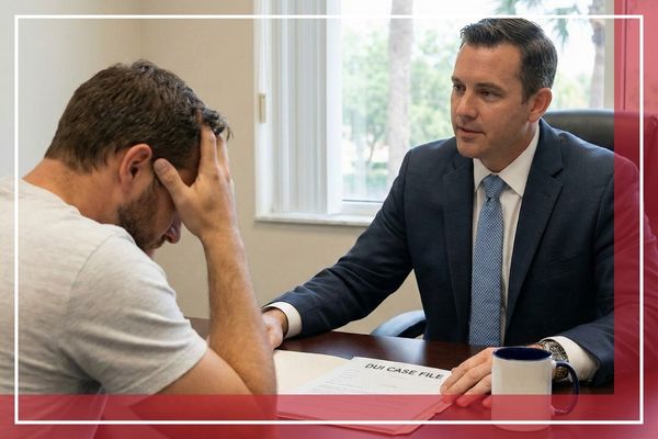 Professional bail bondsman in a suit consulting with a stressed client in a neutral office setting.