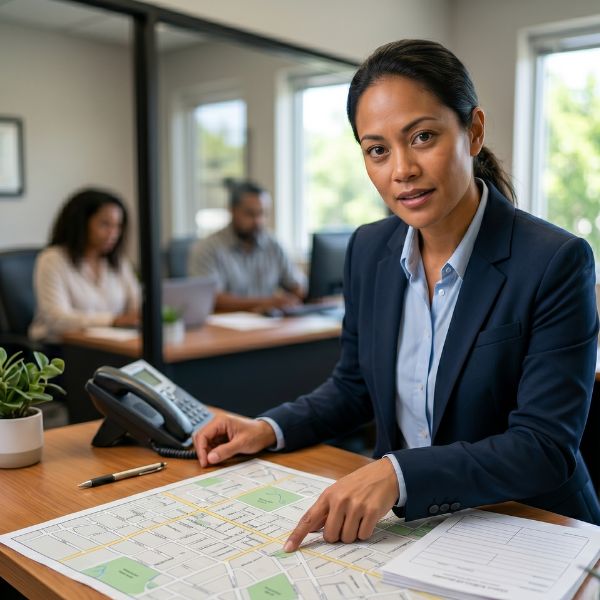 woman pointing at map