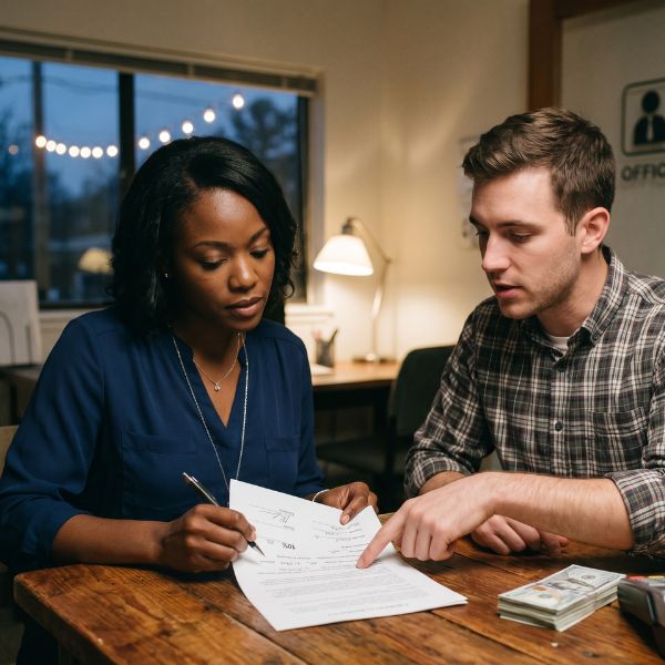 man and woman looking at bail bonds