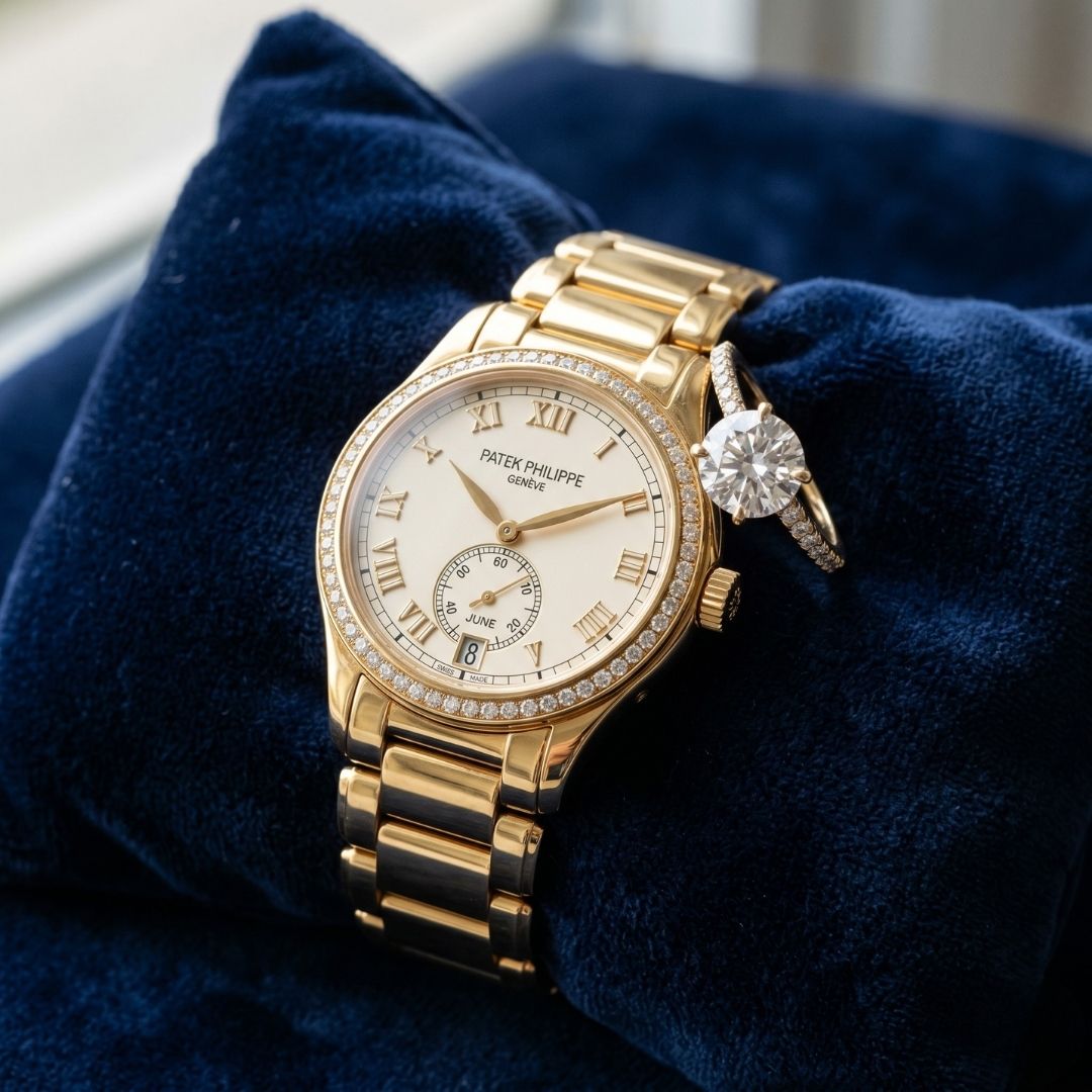 Elegant gold jewelry resting on a velvet cushion.