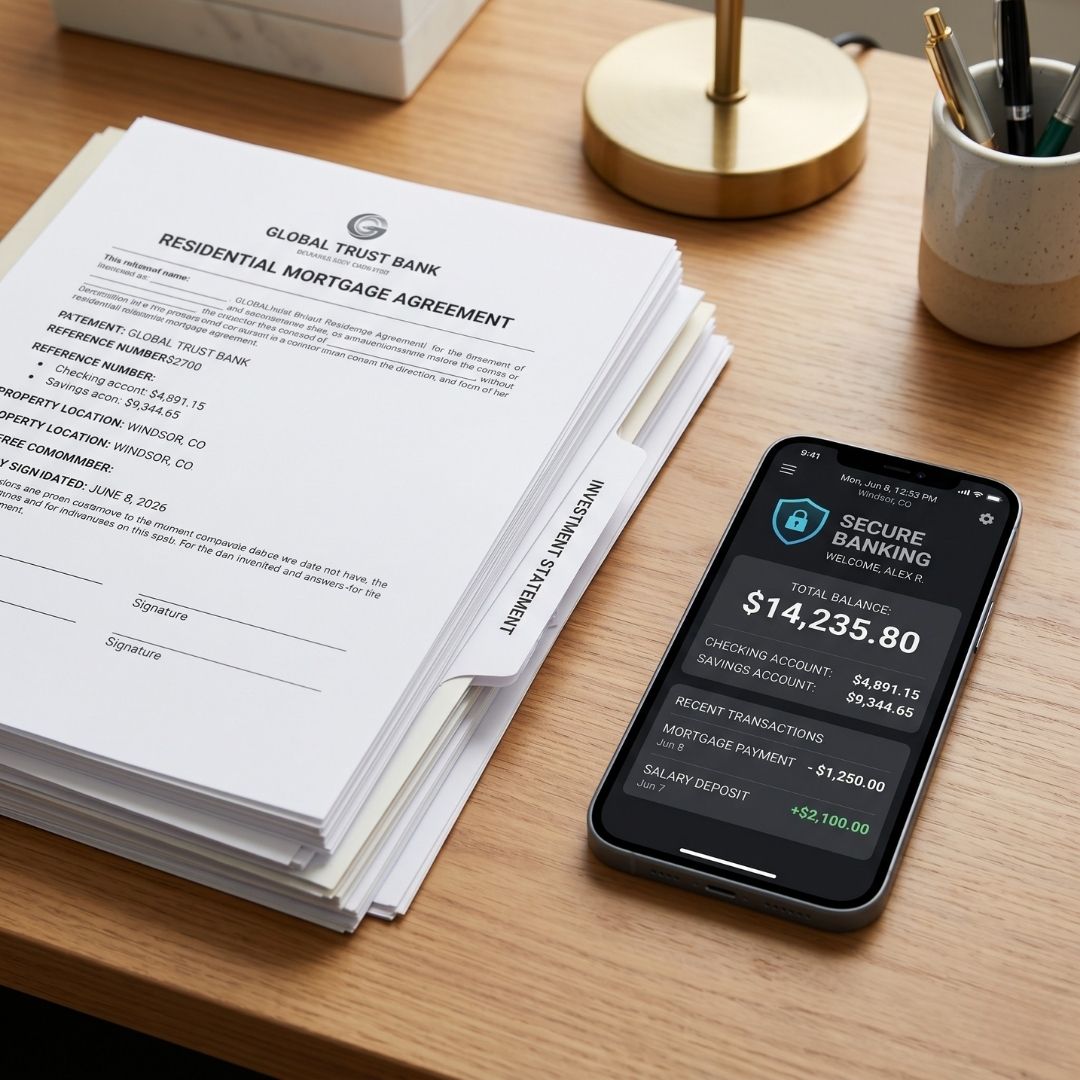 Financial documents and a smartphone showing a secure bank account.