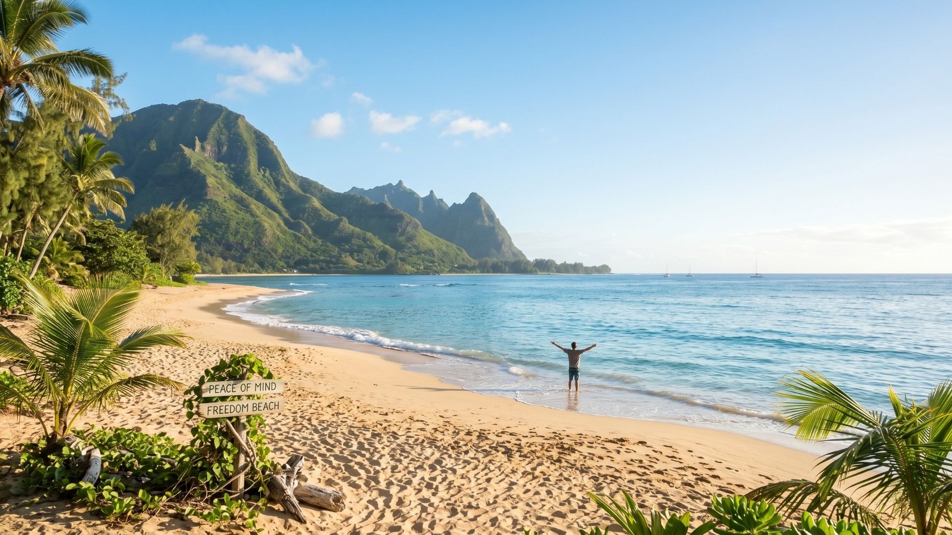 A peaceful Hawaiian beach landscape representing freedom and peace of mind.