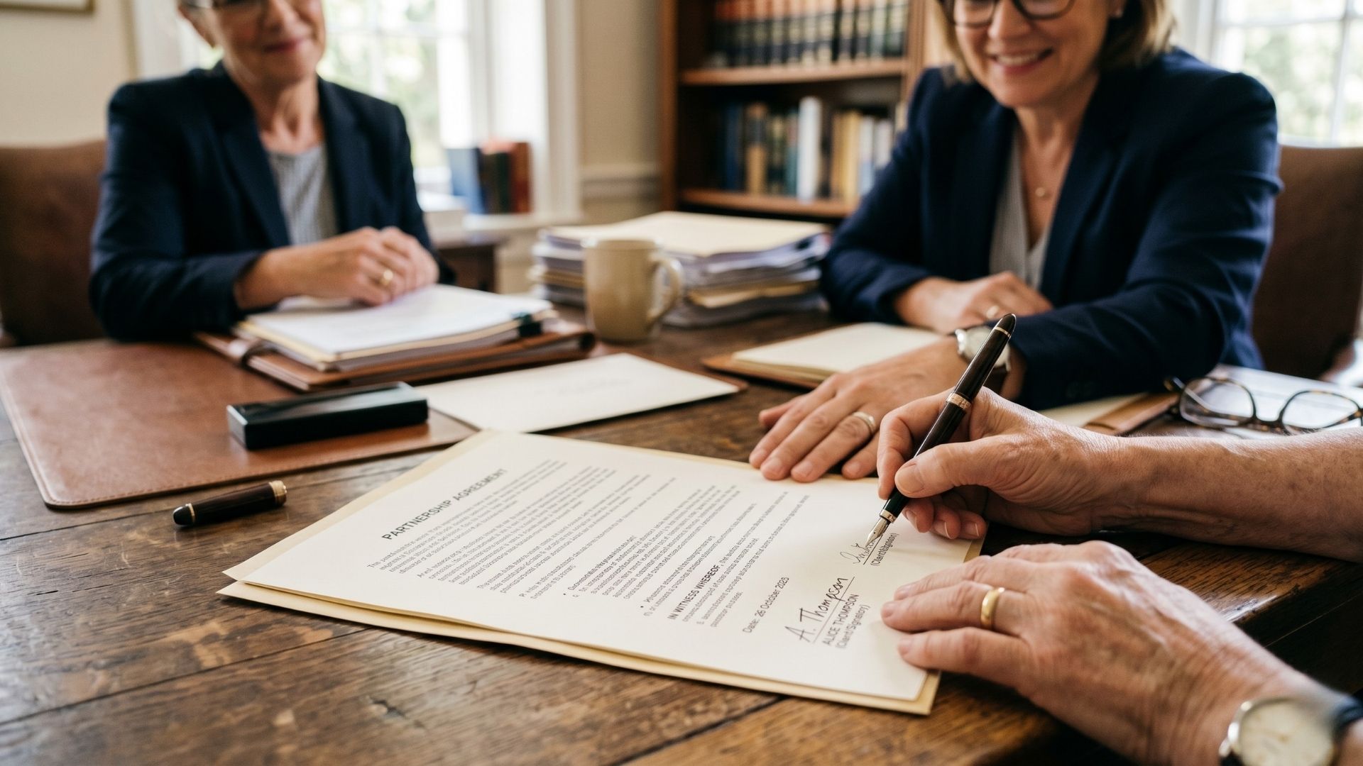 Hands signing legal paperwork on a desk