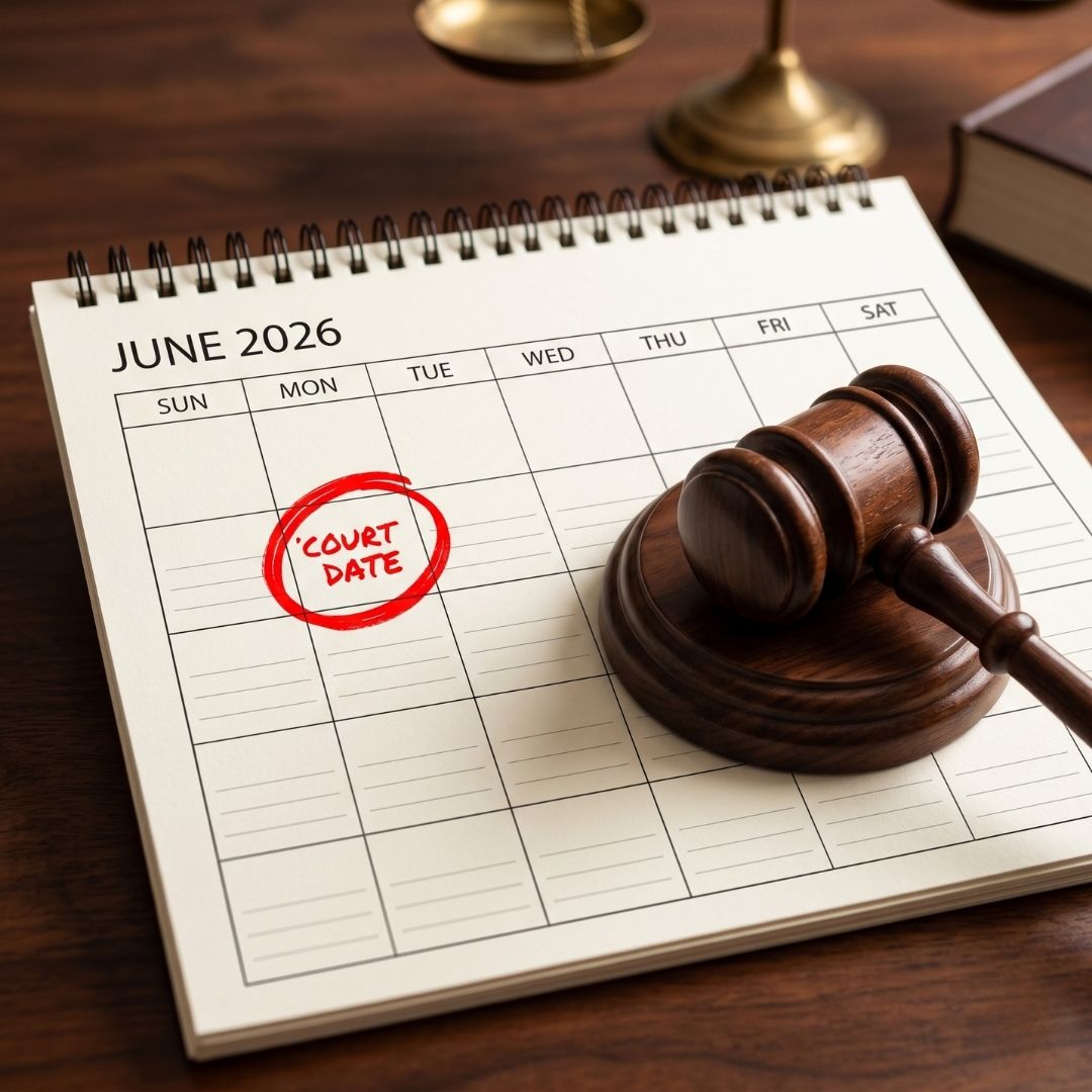 Calendar highlighting an important scheduled court appearance date.