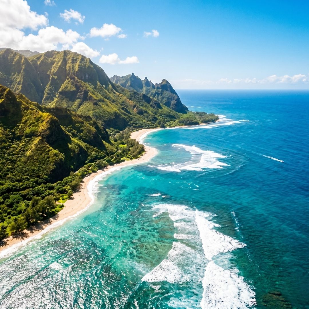Aerial view of a beautiful coastal shoreline in the state of Hawaii.