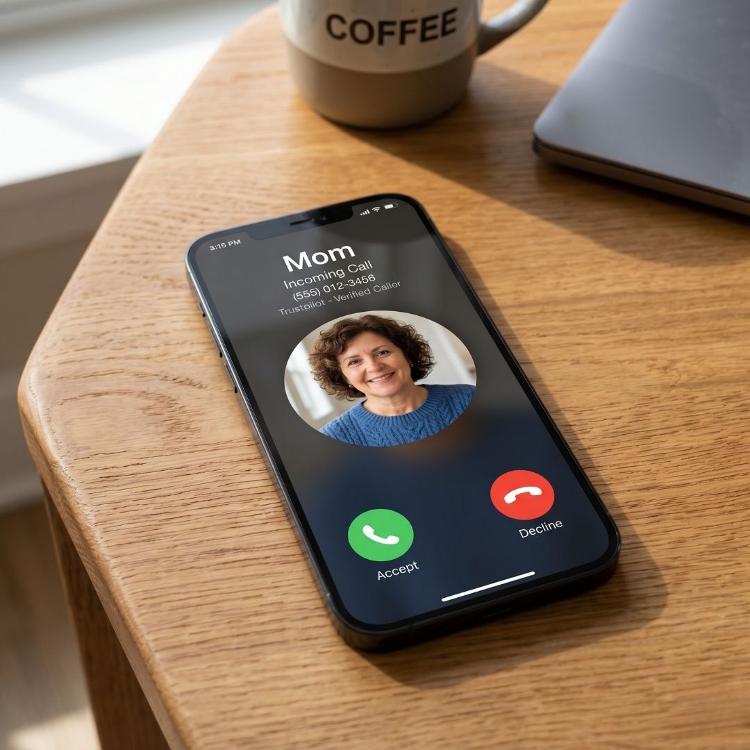 Smartphone on a table showing an incoming phone call alert.