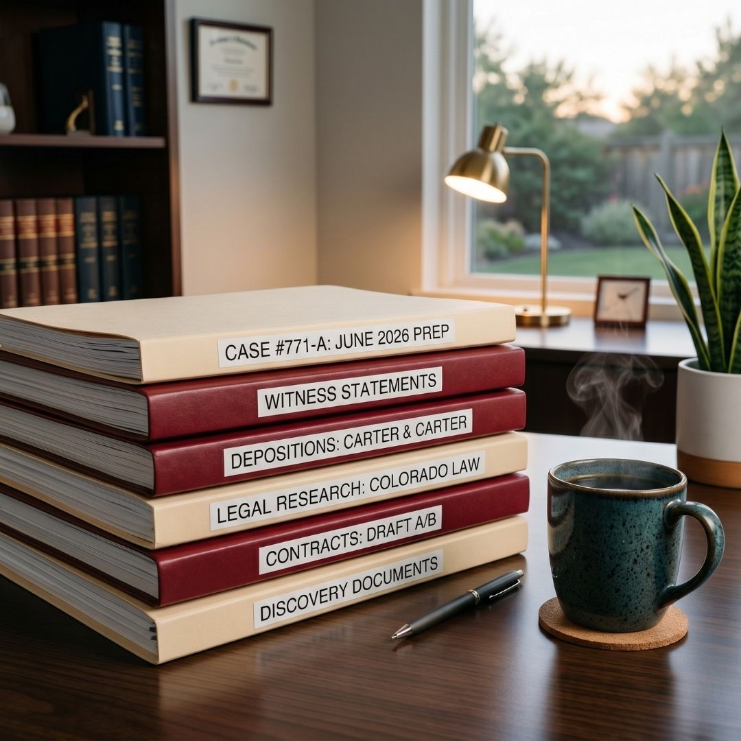 Organized home desk area with neat stacks of legal paperwork.