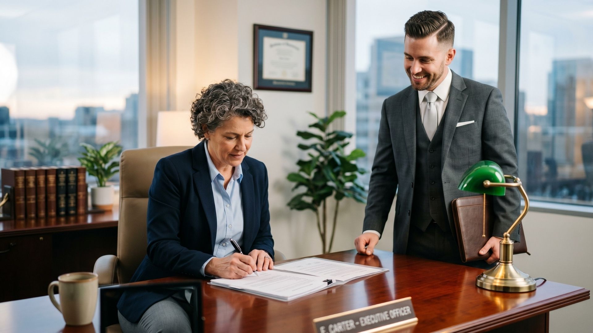 Defendant reviewing and signing legal documents at a desk.