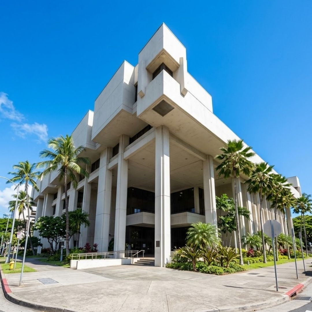 Exterior view of the Honolulu First Circuit District Court building under a clear blue sky in Hawaii.