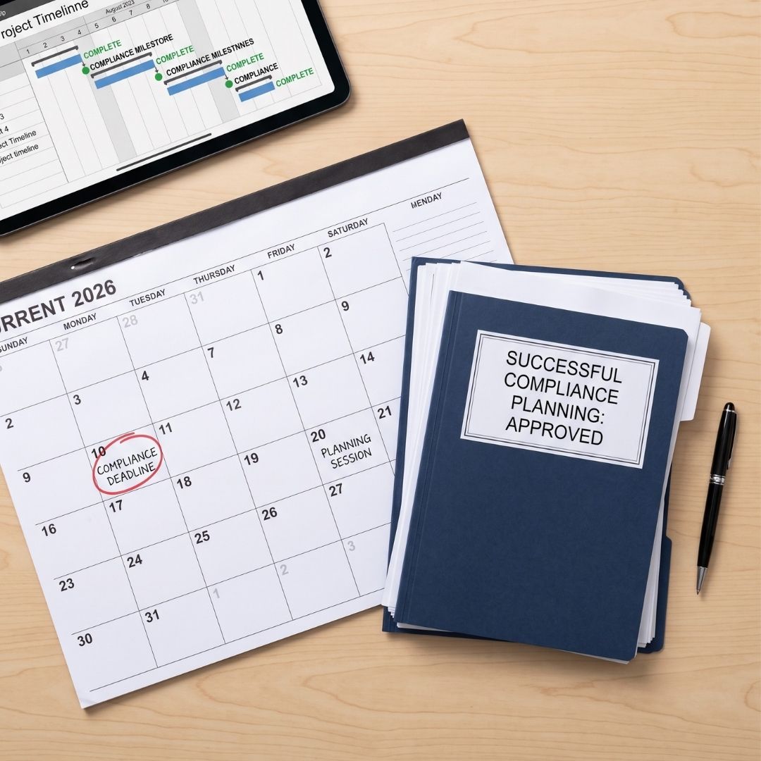 Organized legal documents and calendar on a desk reflecting structured court compliance planning.