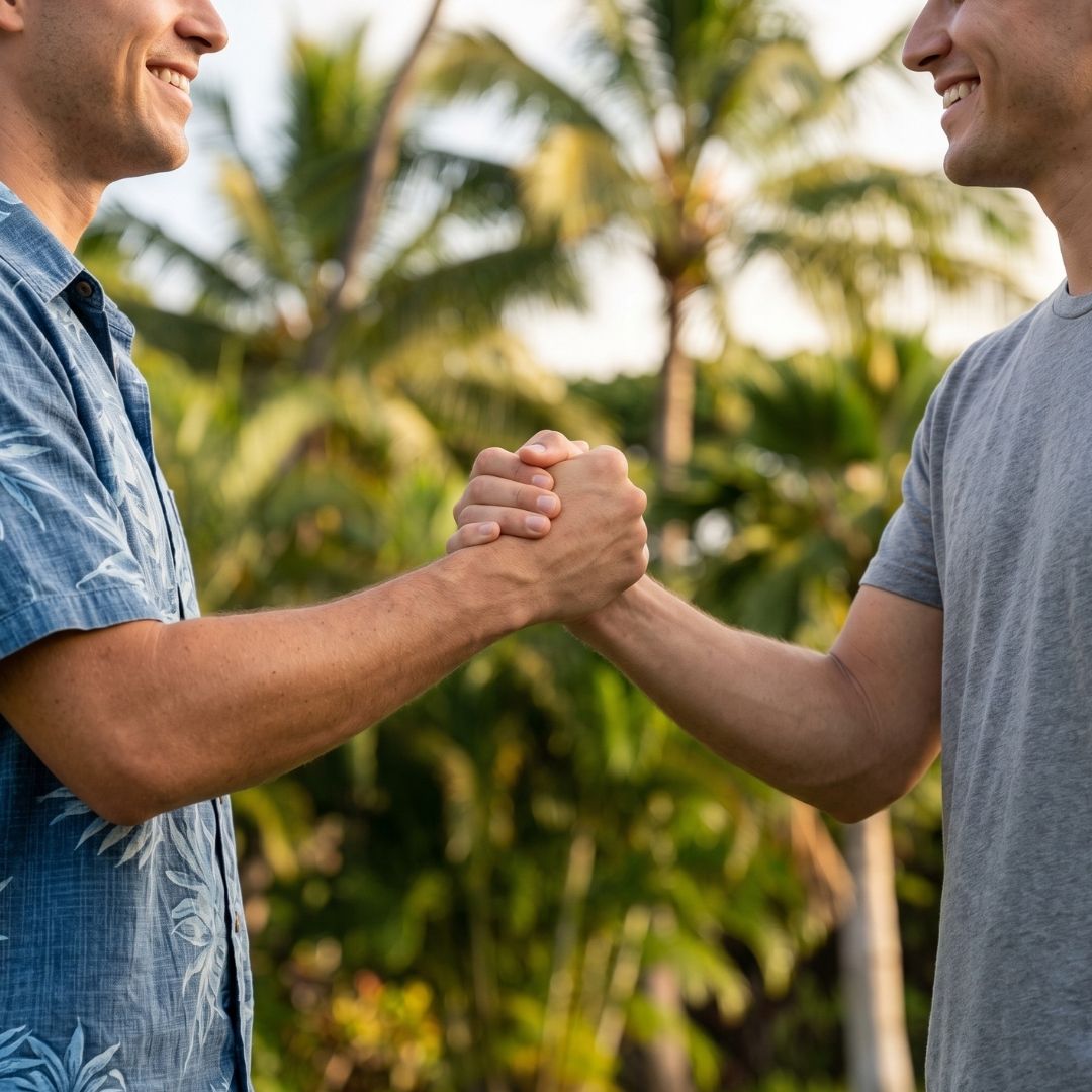 Supportive hand gesture outdoors with soft palm trees in the background showing resolution and relief.