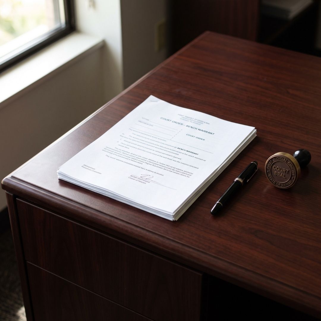 Official Hawaii legal clearance paperwork resting on a mahogany desk with a court seal stamp.