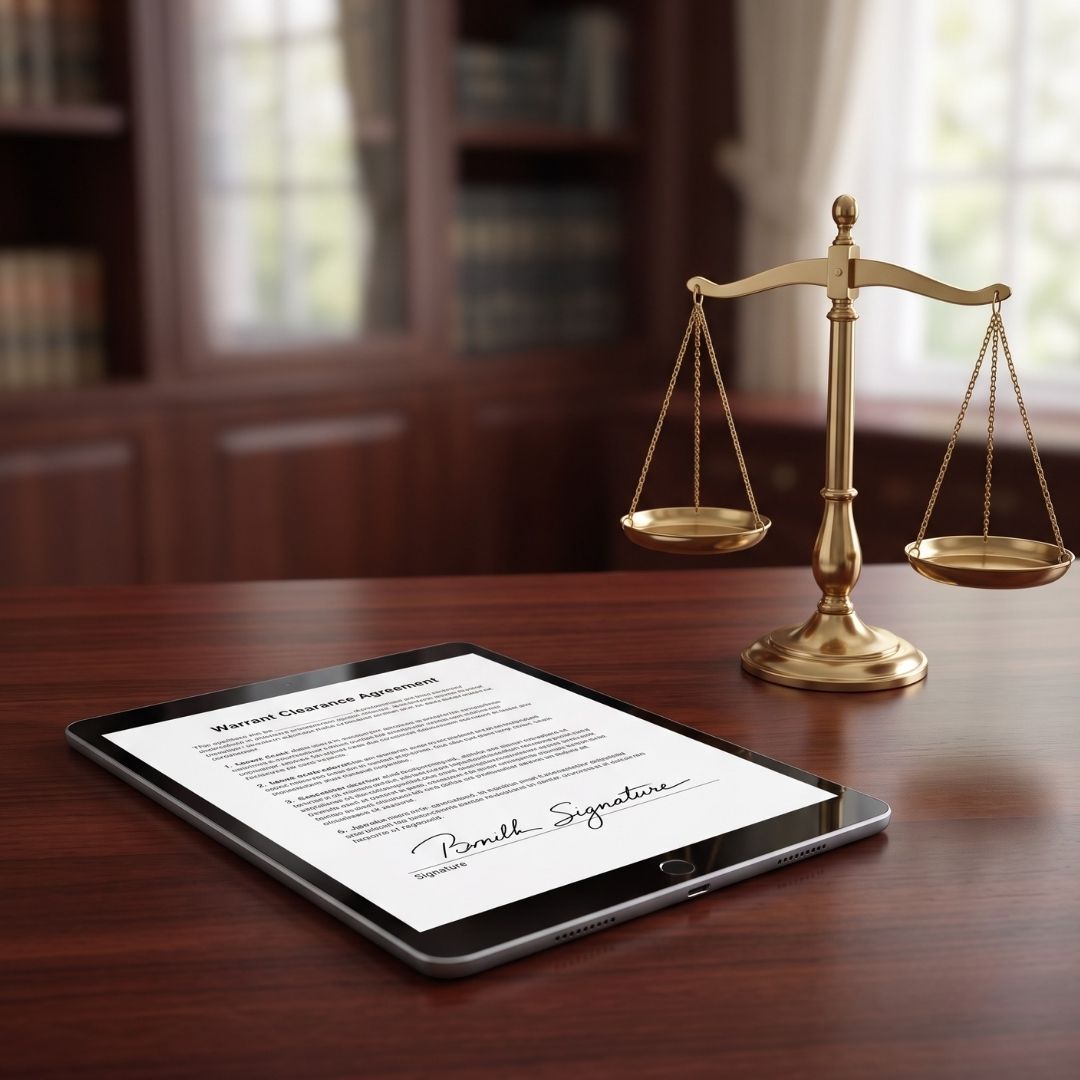 Digital tablet displaying electronic bail intake paperwork next to a brass balance scale.