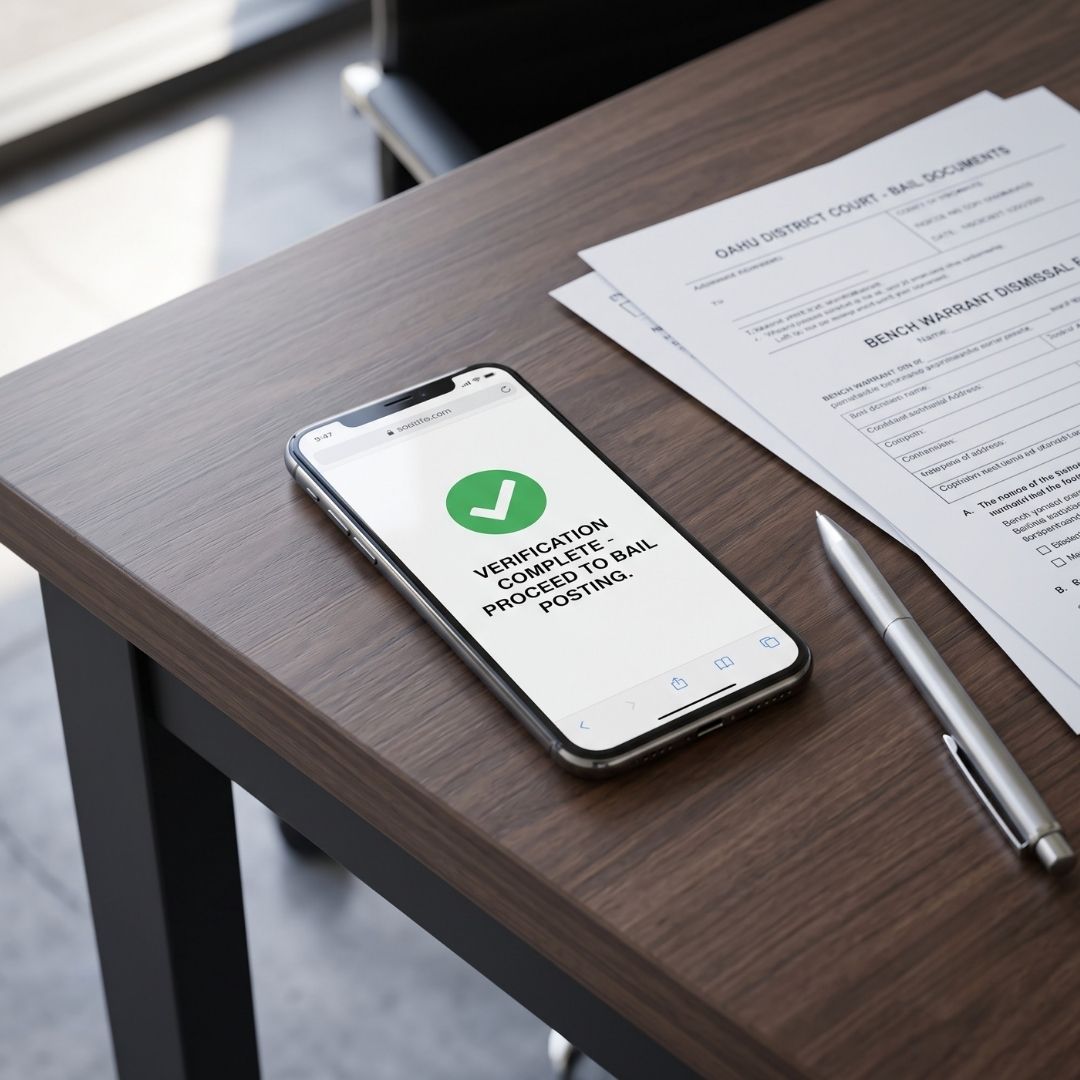 Smartphone displaying a completed court verification confirmation next to professional papers.