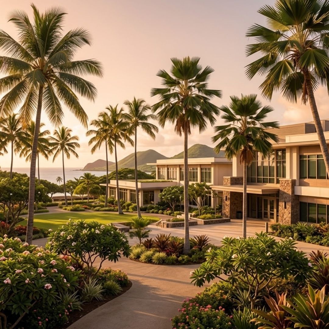 Warm golden hour view of Oahu administrative architecture surrounded by tropical foliage.