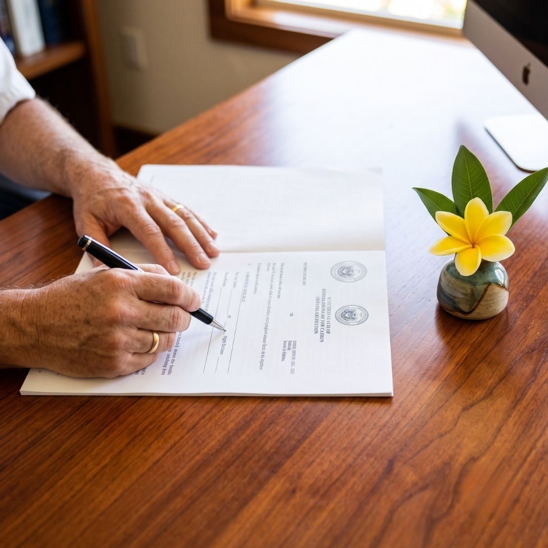 Close-up of hands filling out bail bond paperwork on a neat wooden desk.