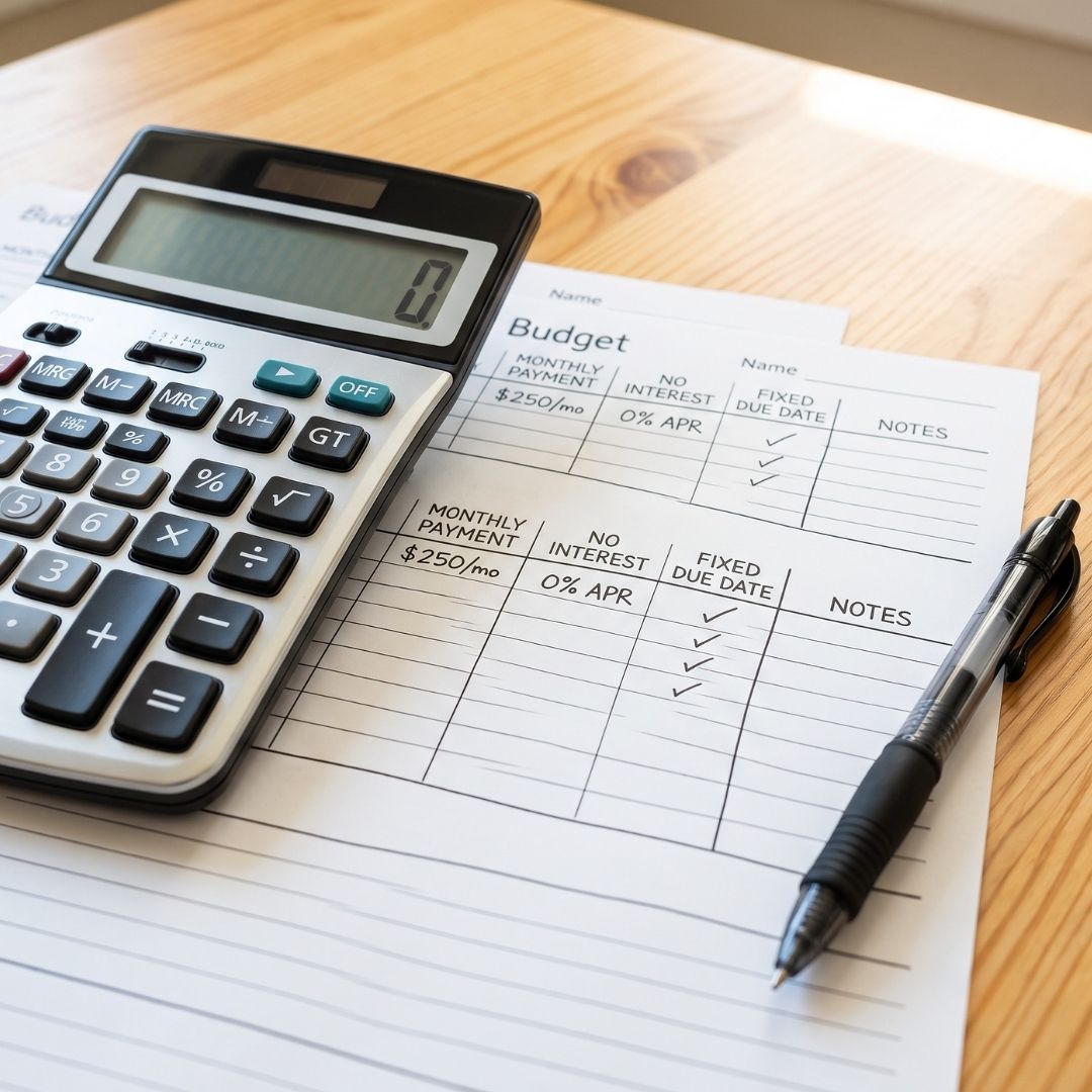 Financial calculator and payment budget documents laid out on a table.