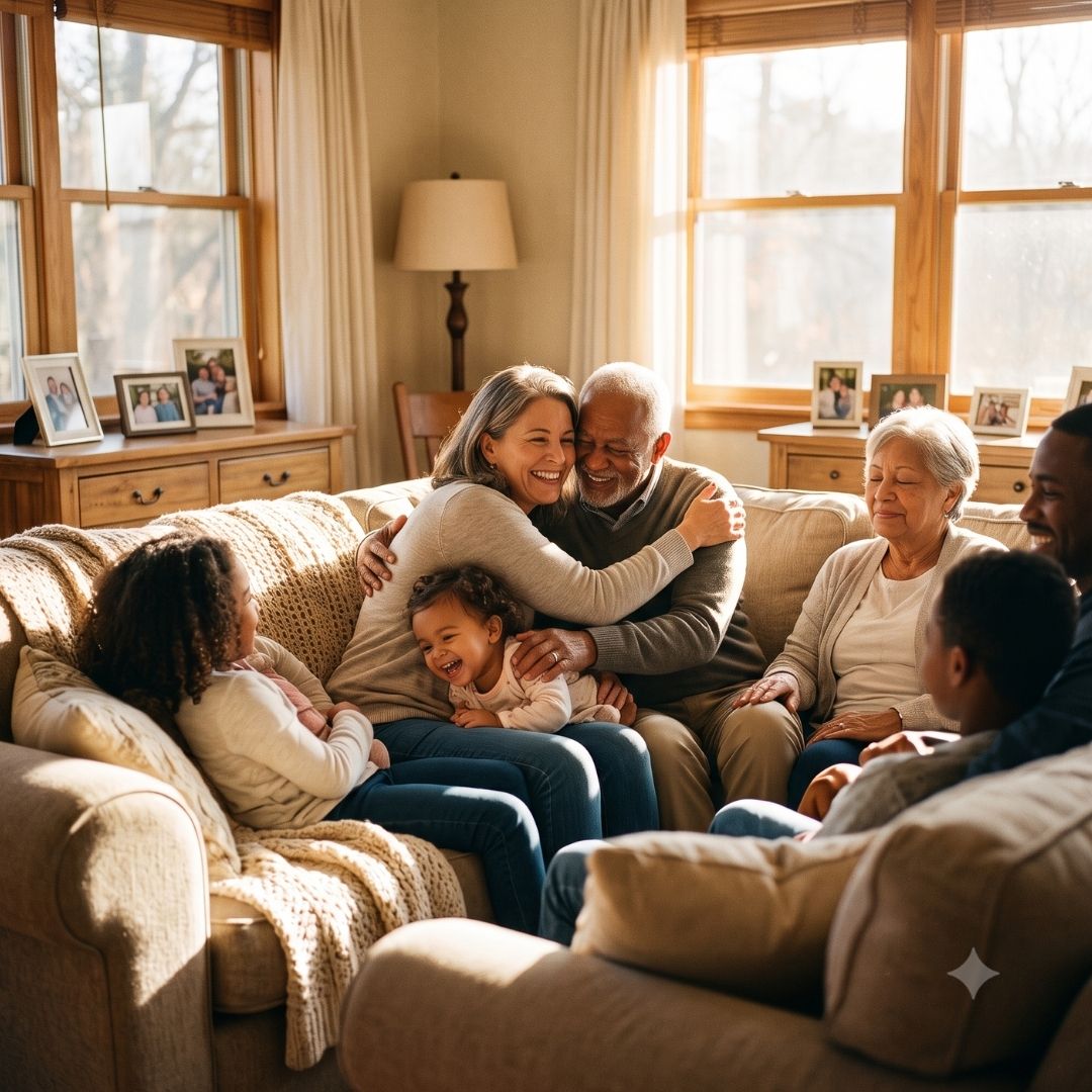 Happy family reunited at home in a sunlit living room.