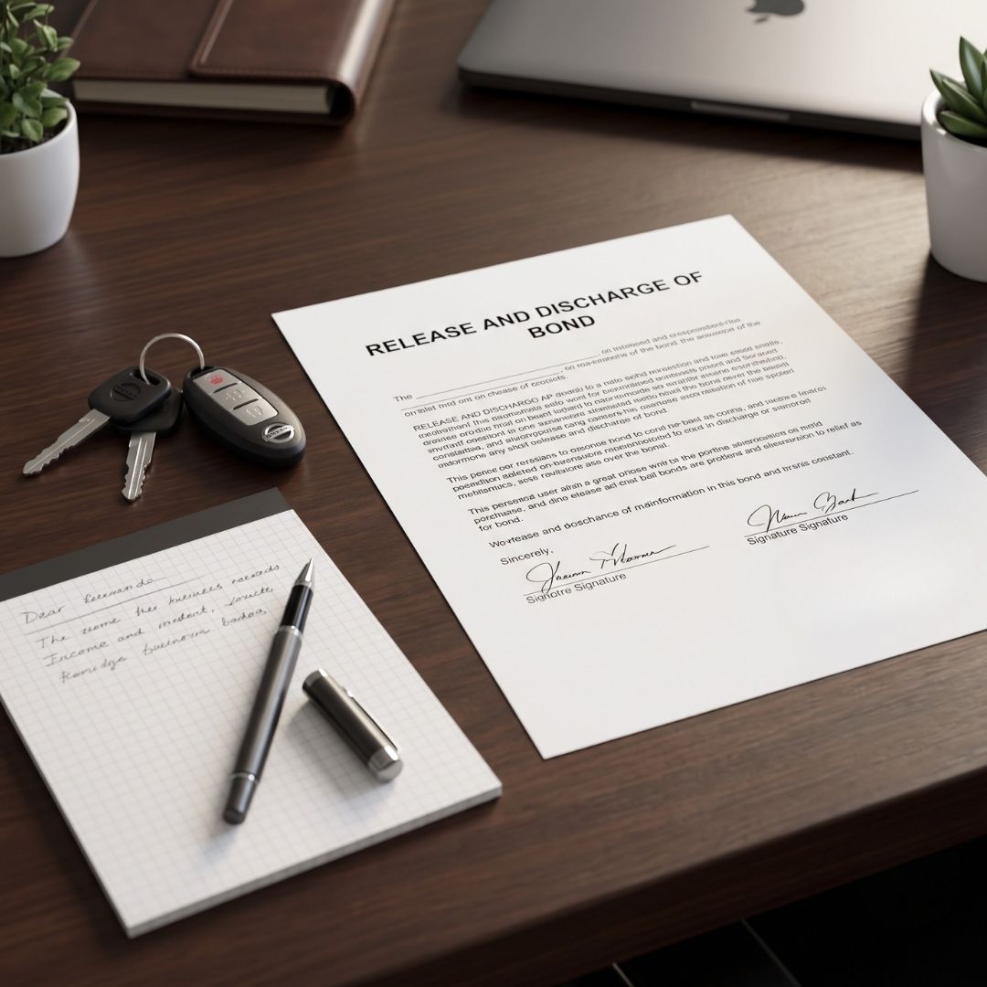 Signed release paperwork and keys on a clean office desk.